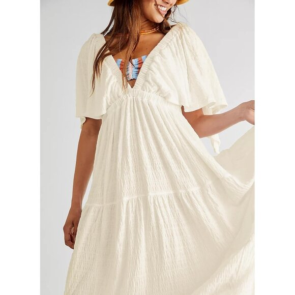 Women Summer Dress Maxi V-Neck Backless Flutter Sleeves Tiered Silhouette - Picture 5 of 9